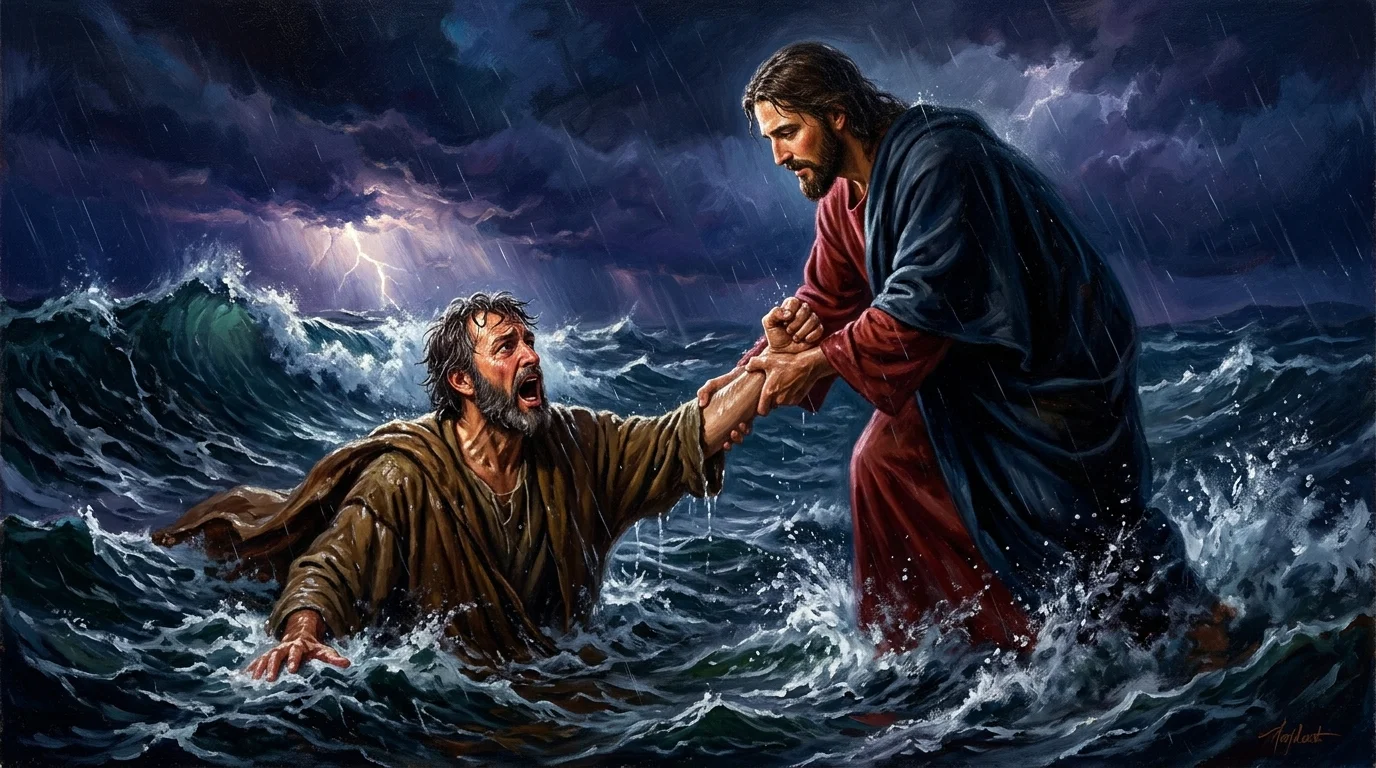 Jesus leaning down with saving compassion to grasp Peter by the wrist as he sinks into the dark foaming waves