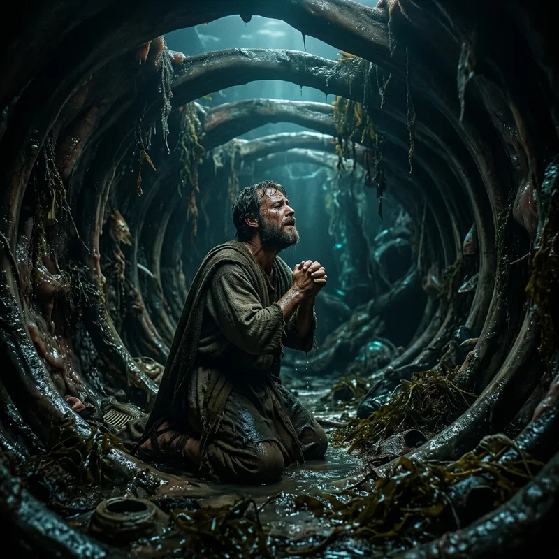 Jonah thrown from the wooden ship into the raging storm
