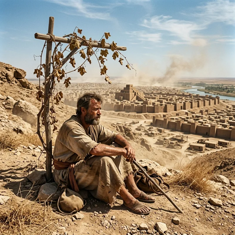 Jonah sitting angrily under a withered plant outside Nineveh