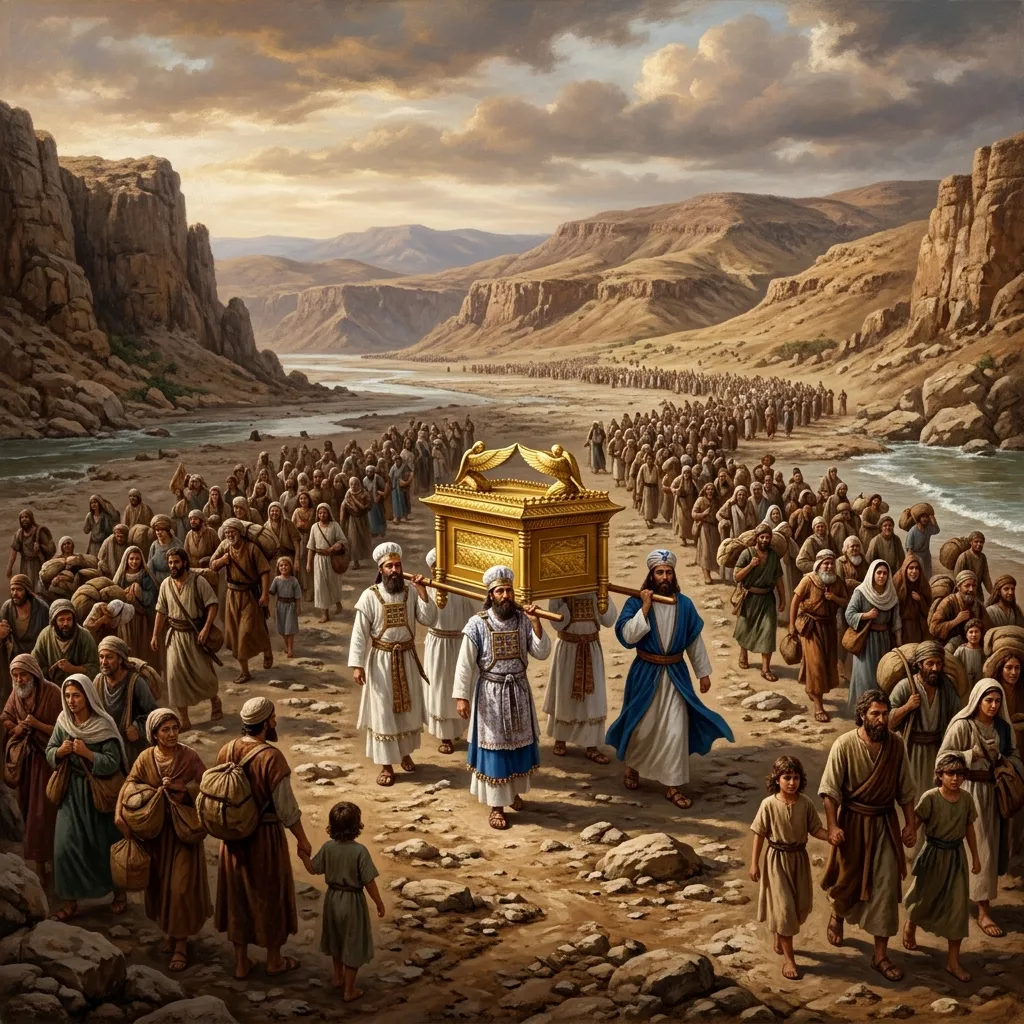 The priests carrying the Ark of the Covenant standing firmly in the dry bed of the Jordan River while the waters pile up as a heap upstream