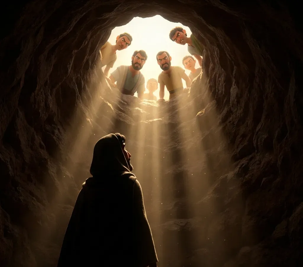 Joseph trapped in the dry limestone cistern in Dothan pleading with his brothers above