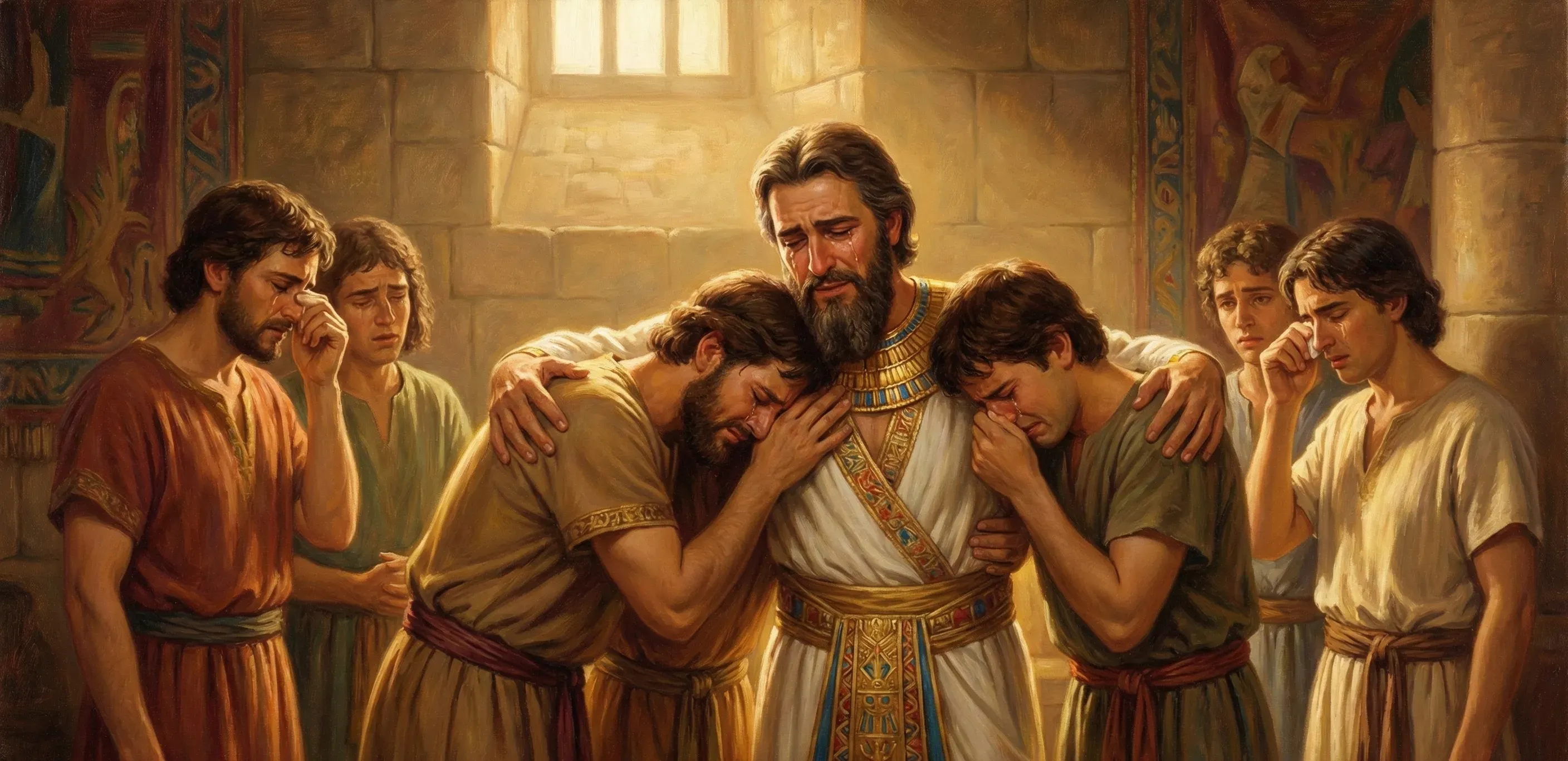Joseph revealing his identity to his weeping, astonished brothers in the Egyptian palace hall