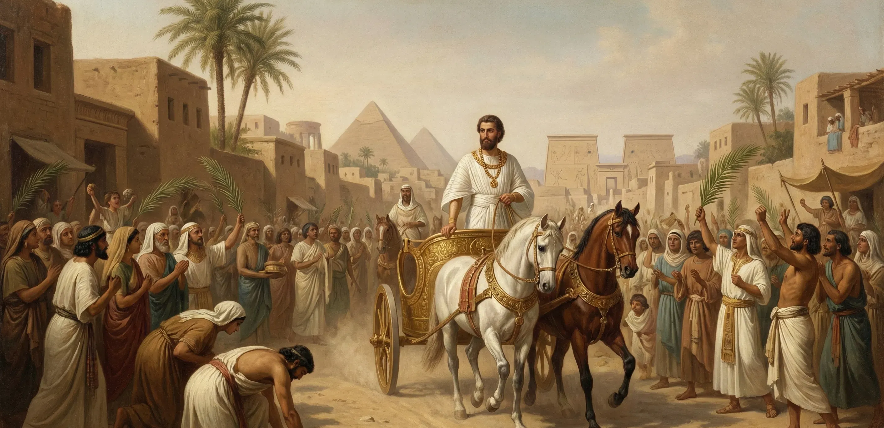 Joseph riding in the second royal chariot of Egypt clothed in fine linen with the golden collar