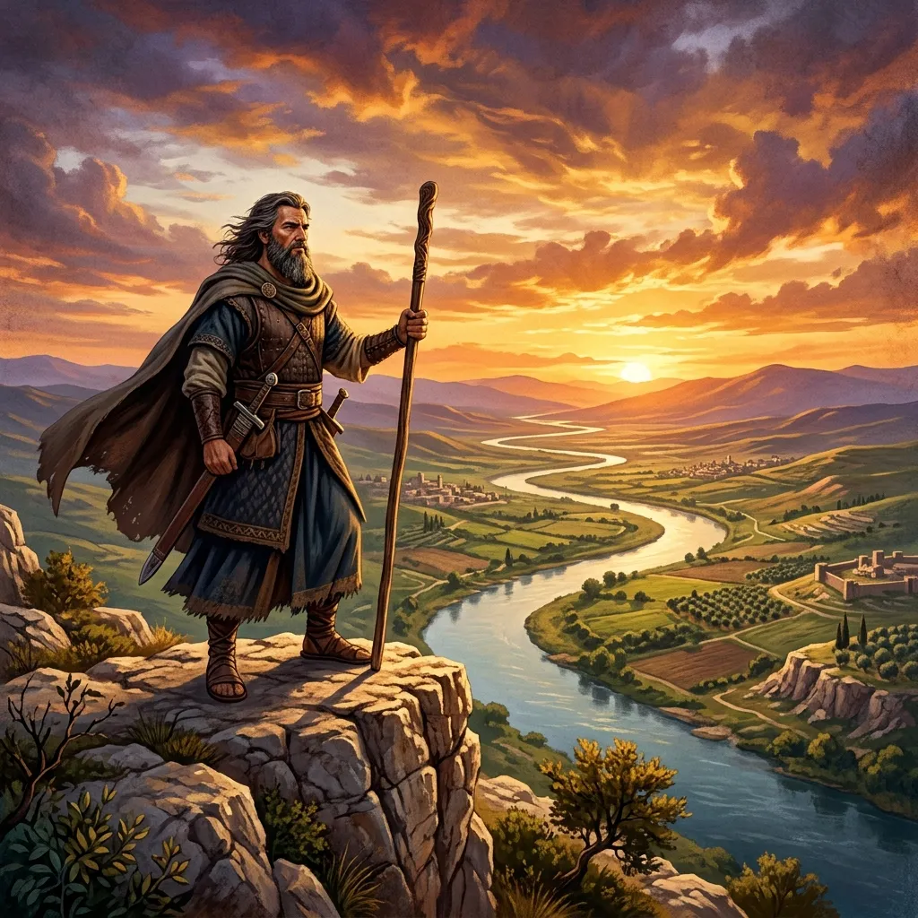Joshua standing as the newly commissioned leader looking across the plains toward the Jordan River