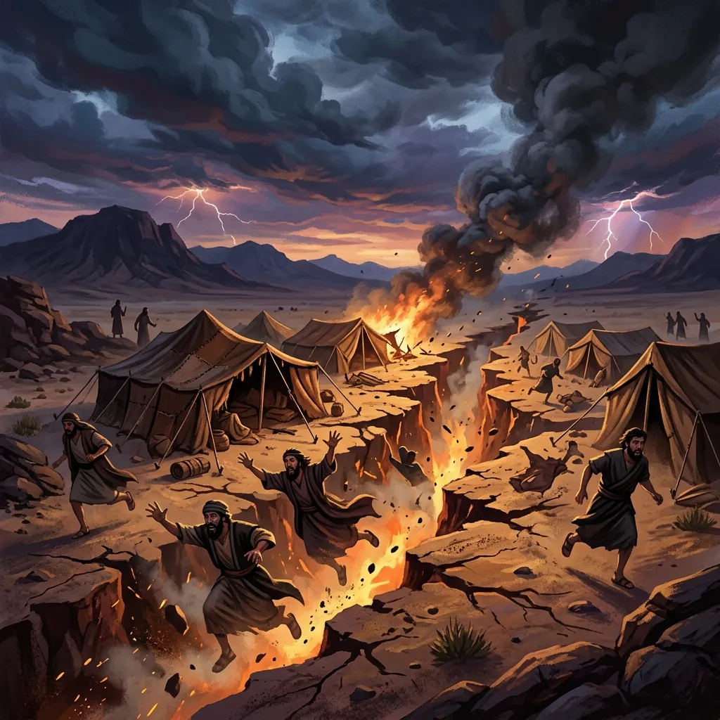 The earth opening up to swallow Korah, Dathan, and Abiram alive in the desert