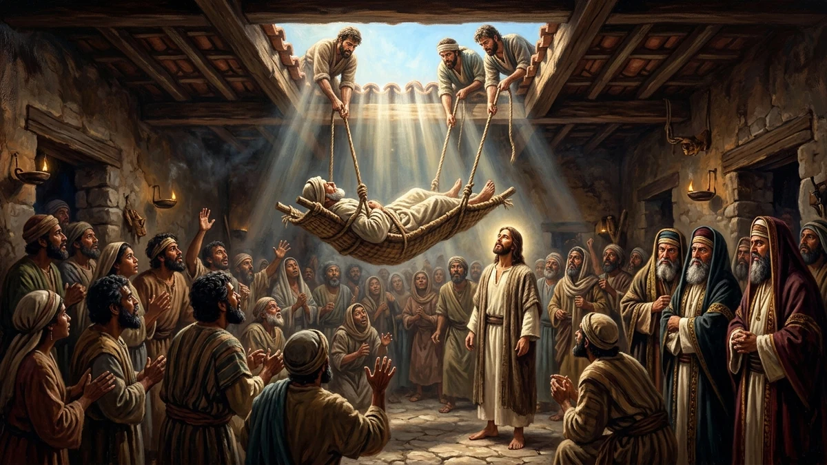 The paralyzed man being lowered through the dismantled roof before Jesus in Capernaum