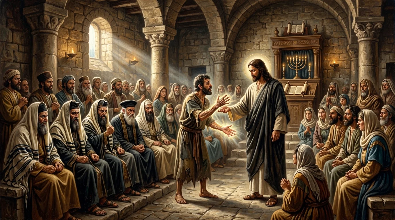 Jesus in the synagogue commanding the man with the withered hand to stretch it out before hostile Pharisees