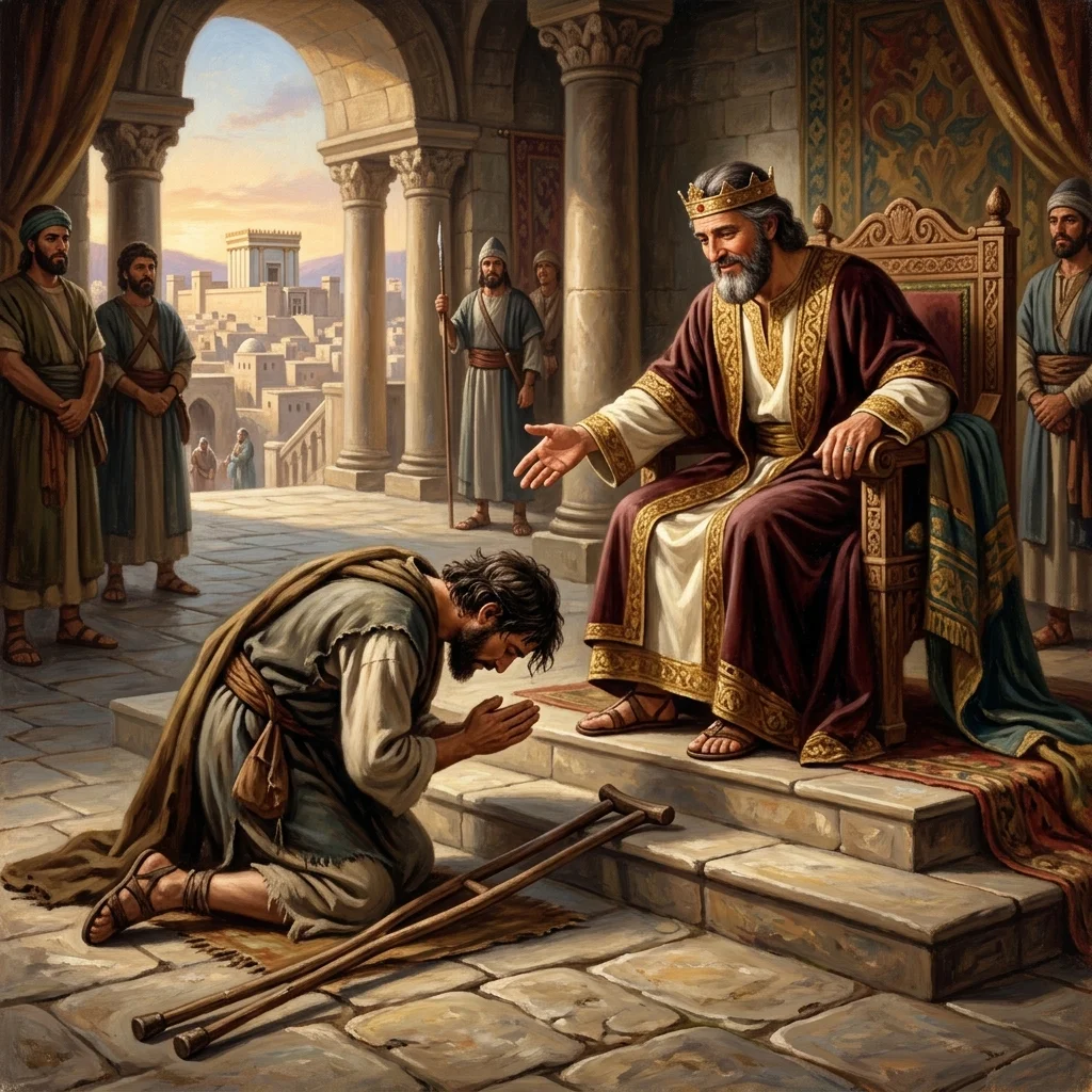 King David sitting in royal state seeking to show kindness