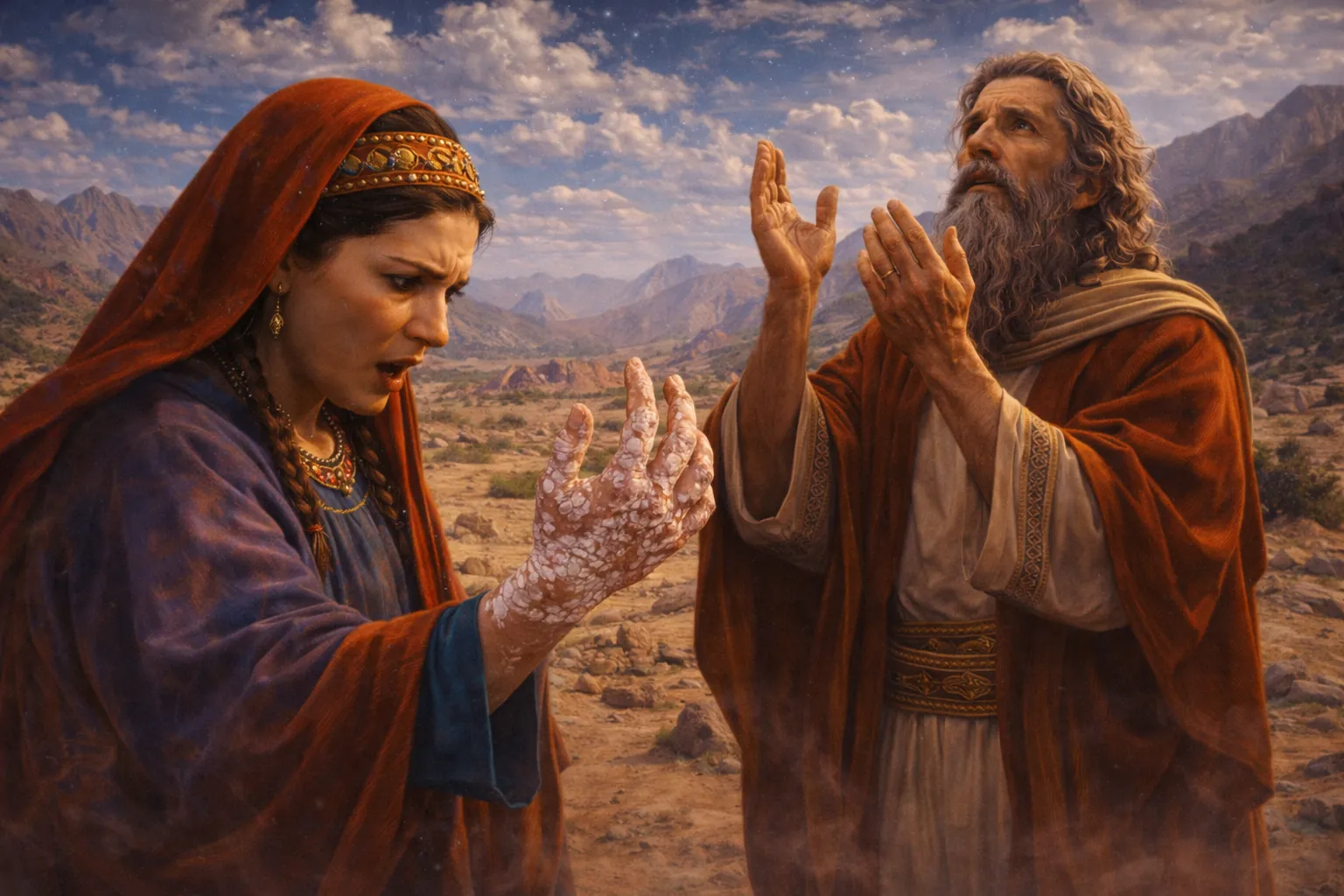 Miriam struck with snow-white leprosy as Aaron begs Moses for intercession outside the Tabernacle