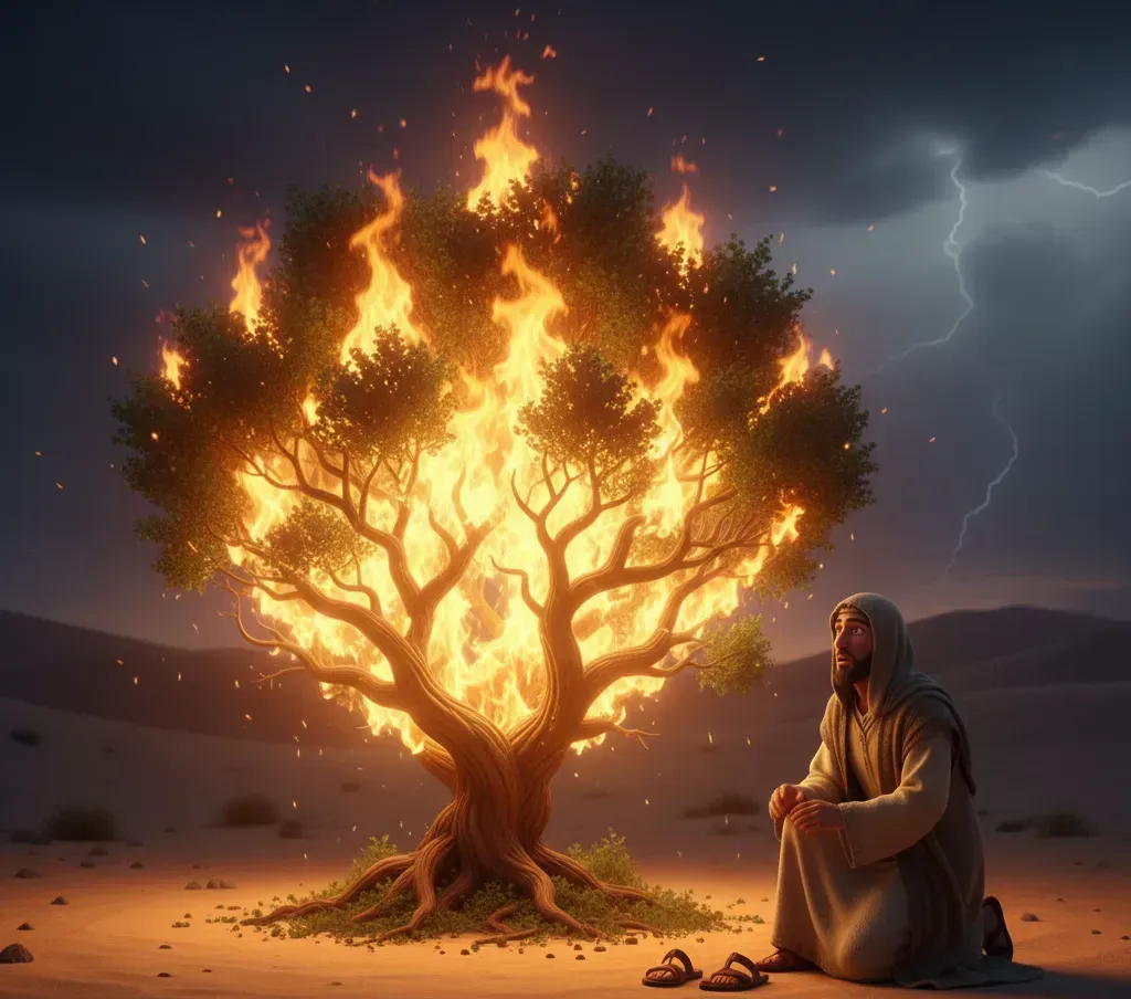 Moses barefoot before the miraculous burning acacia bush at Mount Horeb