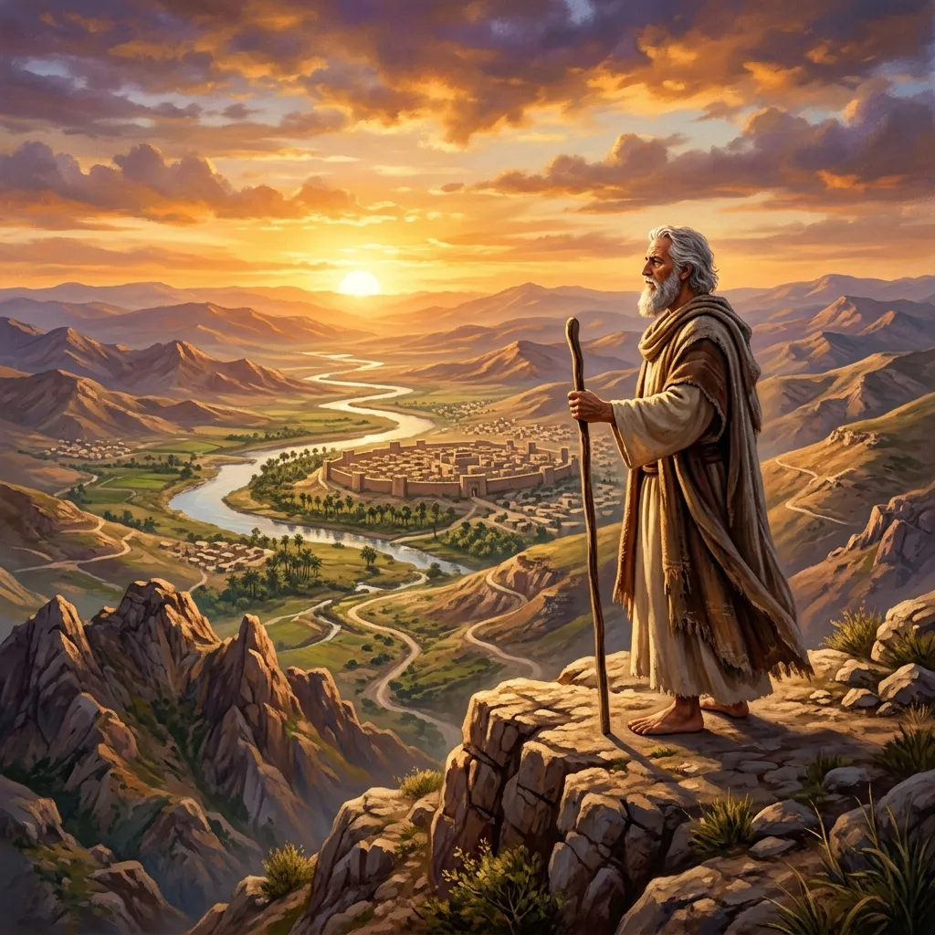 Moses standing on Mount Nebo gazing across the Promised Land at sunset