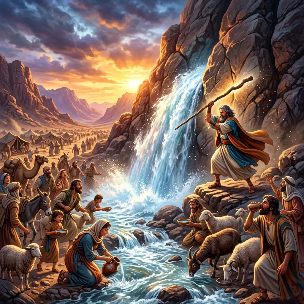 Moses angrily striking the rock with his staff as water miraculously gushes forth before the thirsty Israelites