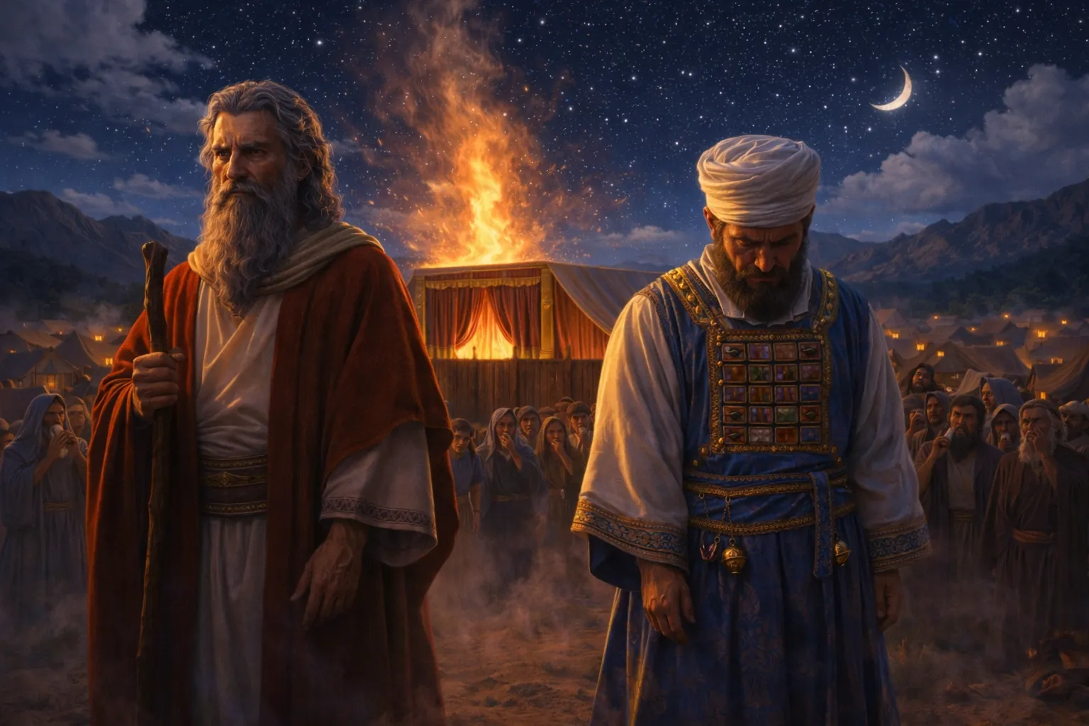 Aaron mourning in stunned silence before the altar after the judgment of Nadab and Abihu