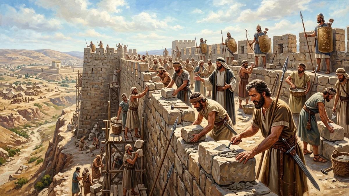 Builders working on the stone walls with a trowel in one hand and a spear in the other