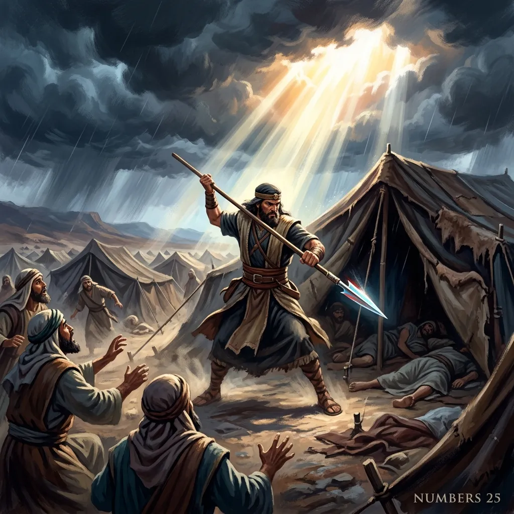 Phinehas seizing a javelin with holy zeal to execute judgment and stay the plague in the camp of Israel