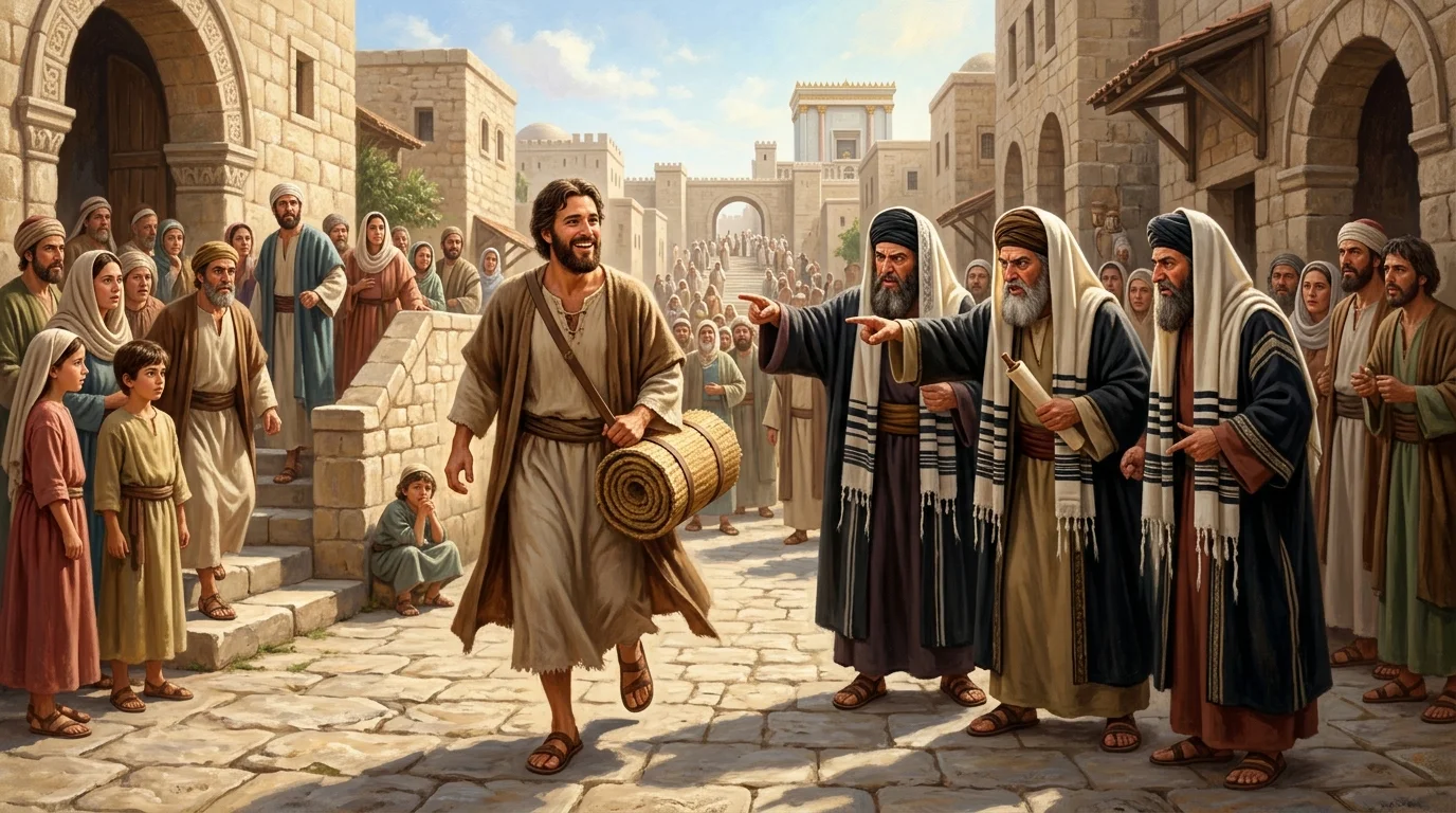 The healed man carrying his bed through Jerusalem on the Sabbath, questioned by religious leaders