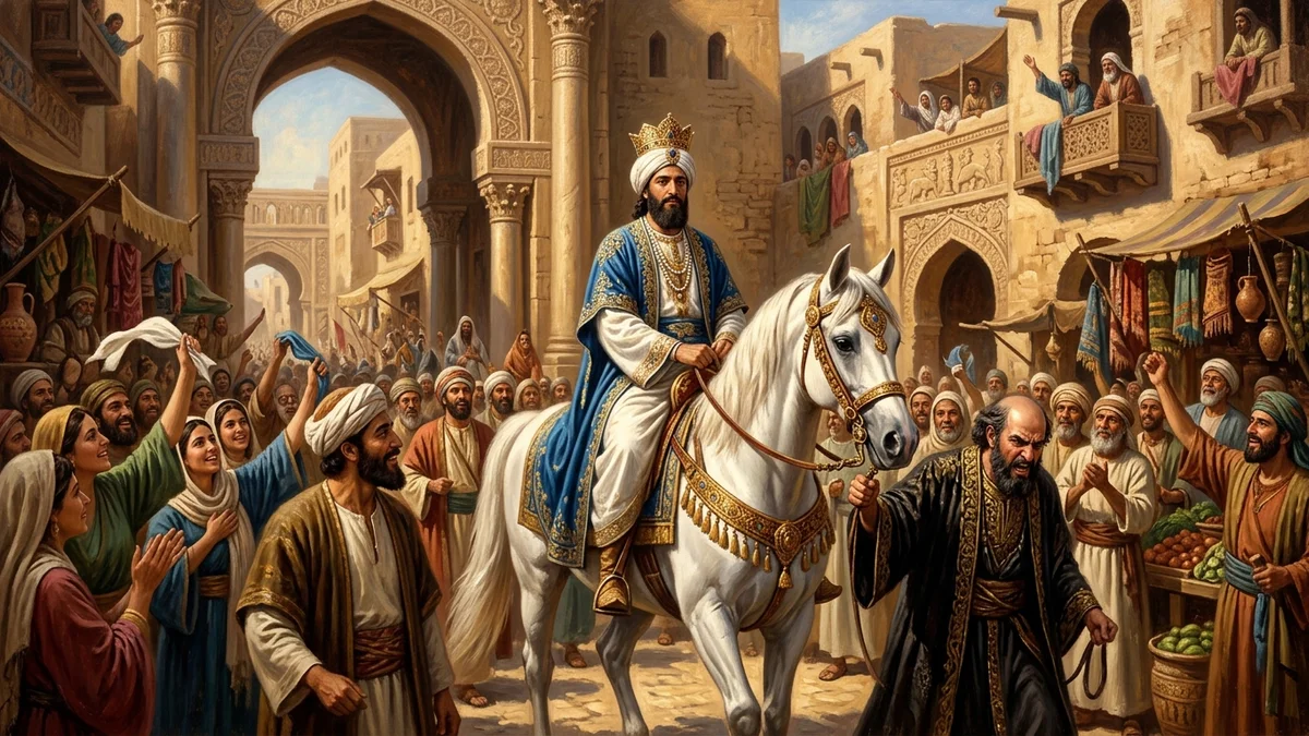 Mordecai honored on the royal stallion led through Susa by Haman
