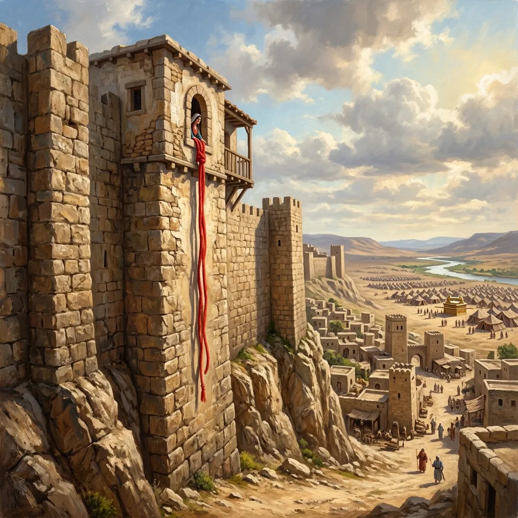 Rahab letting the two spies down from her window in the Jericho wall with a crimson cord
