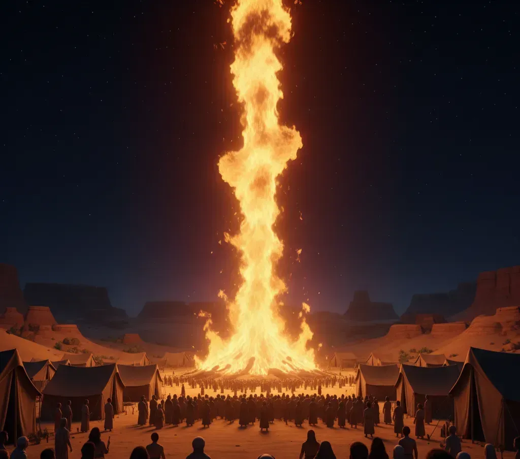 The Pillar of Fire and Cloud moving to stand between the Hebrew camp and the pursuing Egyptian army