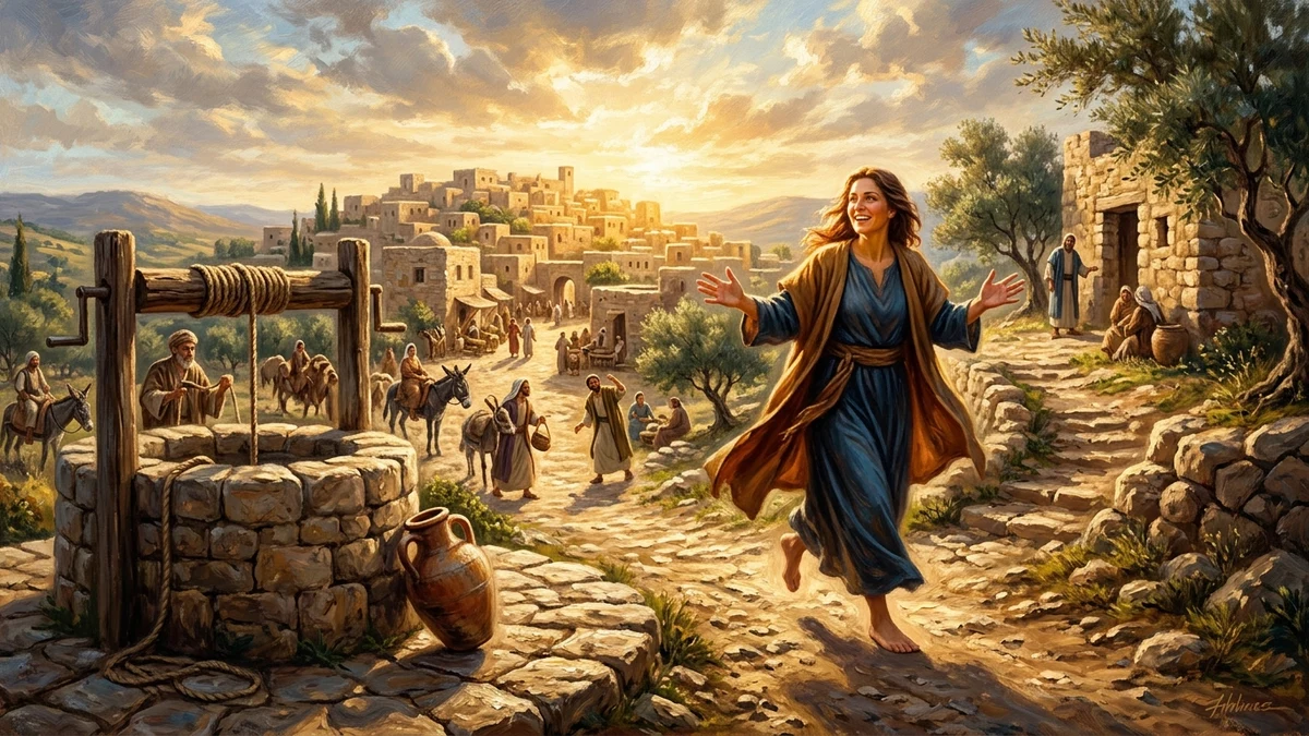 The Samaritan woman joyfully hurrying back to the town of Sychar to testify of Jesus