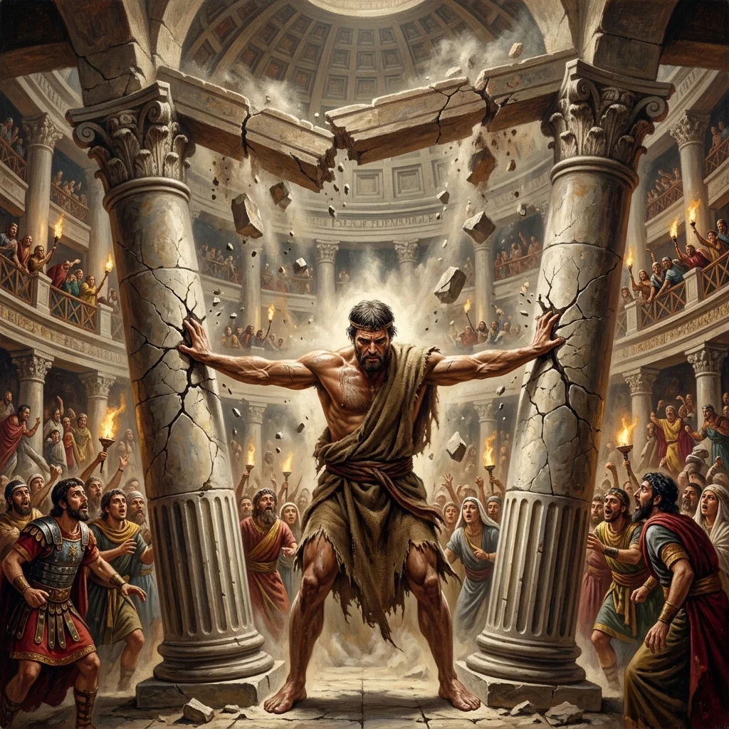 Blind Samson pushing apart the two central pillars of the Philistine temple of Dagon as the roof collapses upon thousands of pagan rulers and spectators
