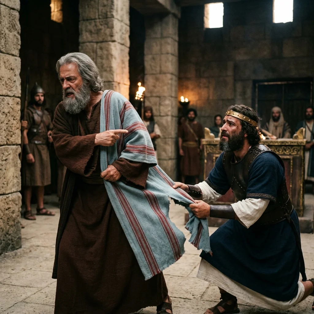 Saul tearing the hem of Samuel's prophetic mantle as the prophet pronounces the tearing of the kingdom