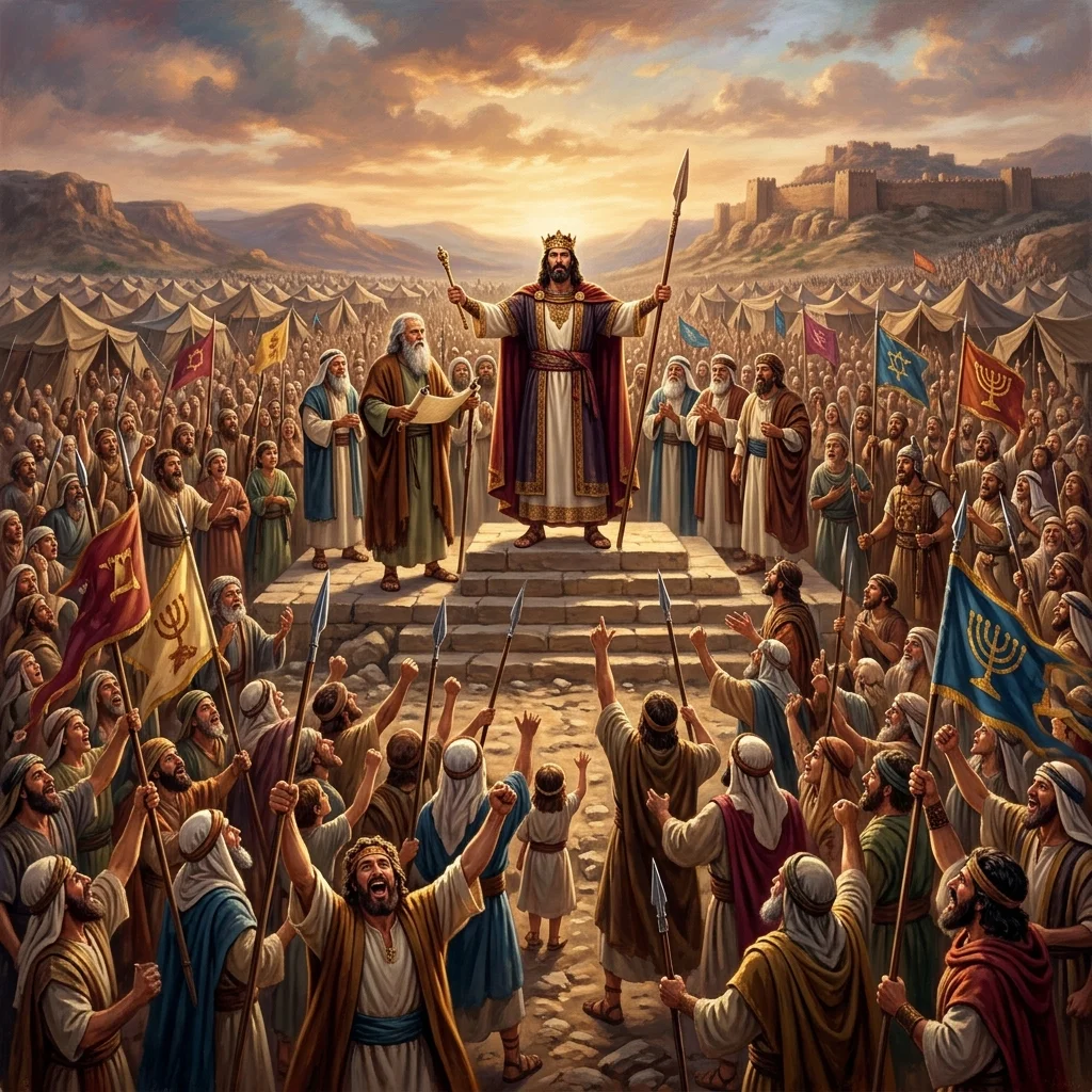 Saul publicly crowned king of Israel before the assembly of tribes at Gilgal