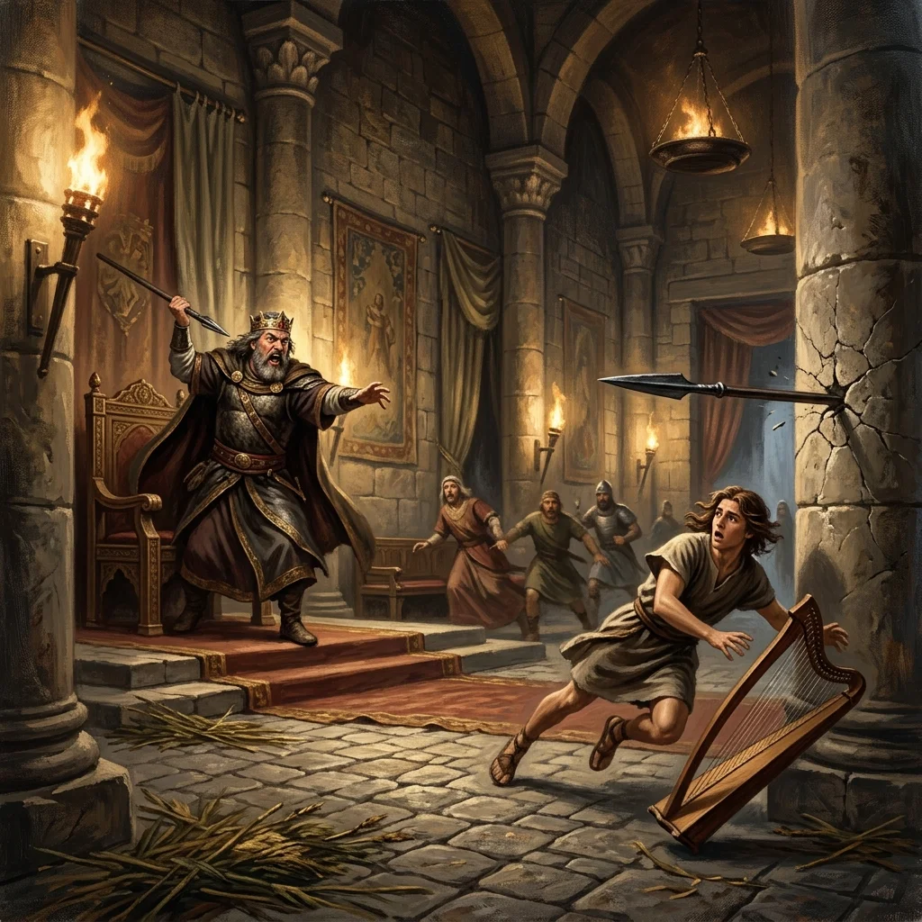 King Saul hurling his spear at David while the young musician plays the lyre in the royal palace