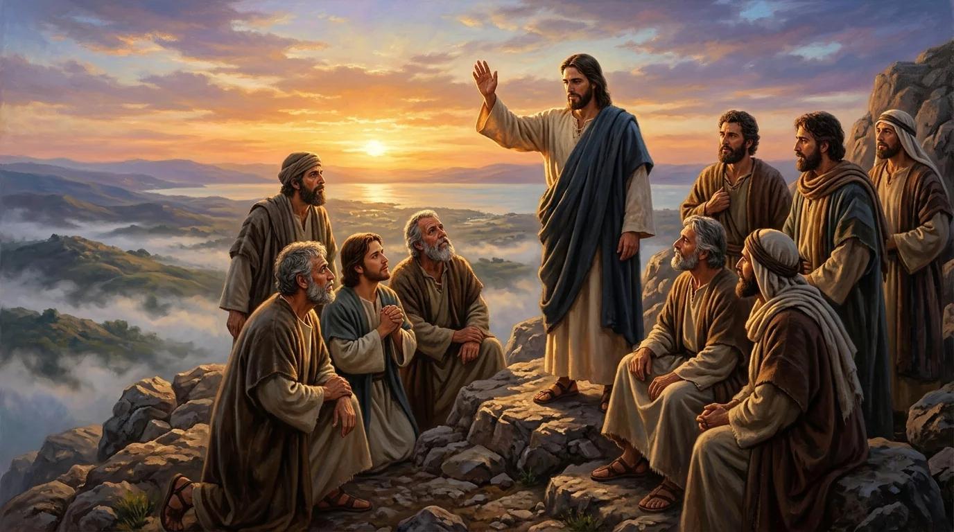 Jesus commissioning the Twelve Apostles on the summit of the mountain in the golden light of sunrise