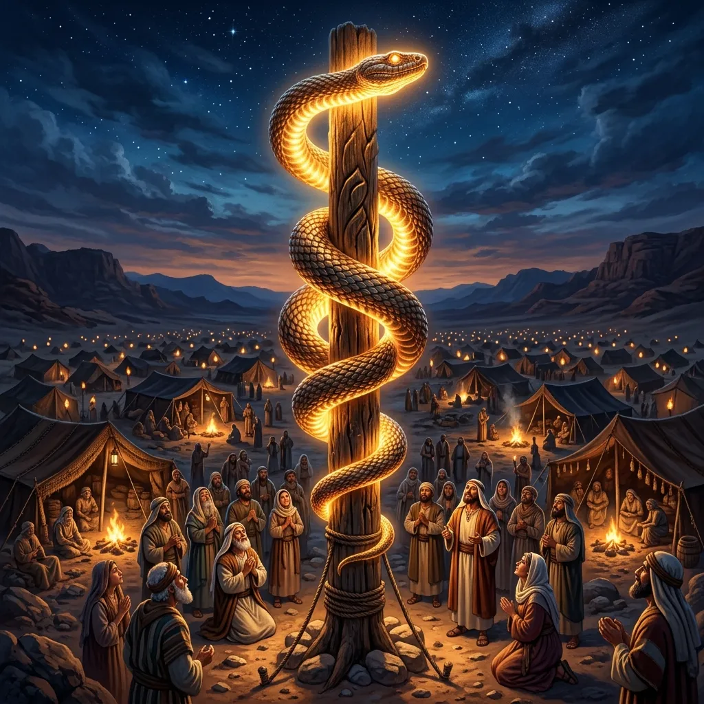 Moses lifting high the bronze serpent on a wooden pole as dying Israelites look and live