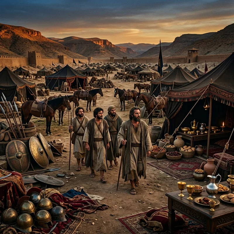 Four lepers cautiously entering the abandoned Syrian camp at twilight
