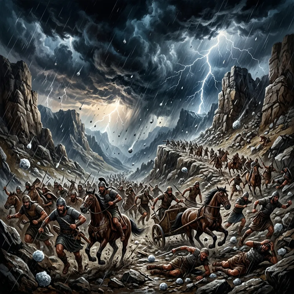 Giant hailstones falling from the storm clouds upon the fleeing Amorite armies along the descent of Beth-Horon