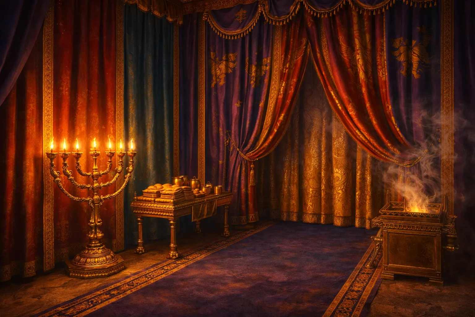 The Golden Interior of the Tabernacle Holy Place showing the Menorah and Table of Showbread