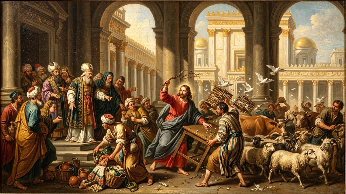 Jesus driving corrupt merchants and livestock out of the Temple courts with a whip of cords