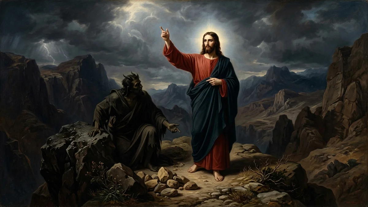 Dramatic classical oil painting of Christ rejecting the temptation of Satan in the desert