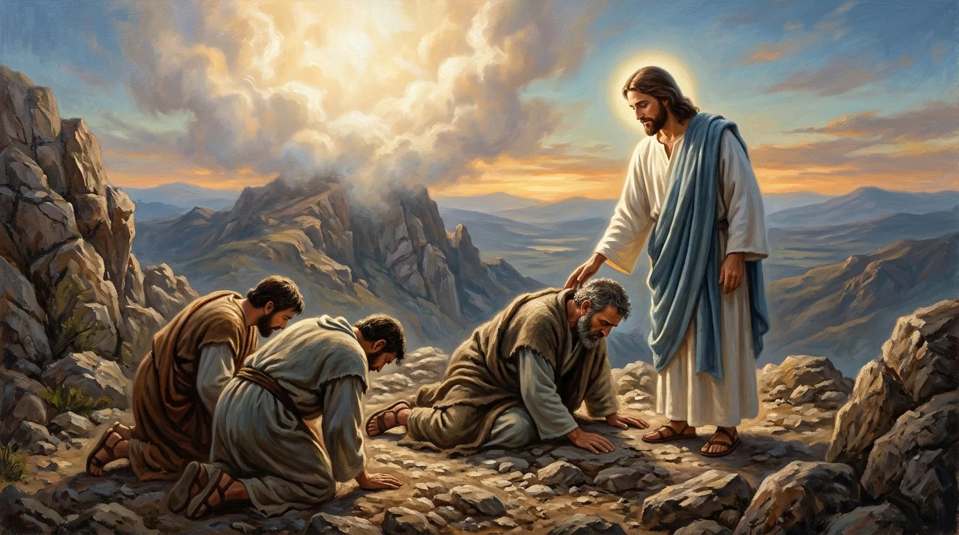 Jesus standing in peaceful majesty atop the mountain at dawn, touching the trembling shoulder of Peter who is prostrated in awe with James and John