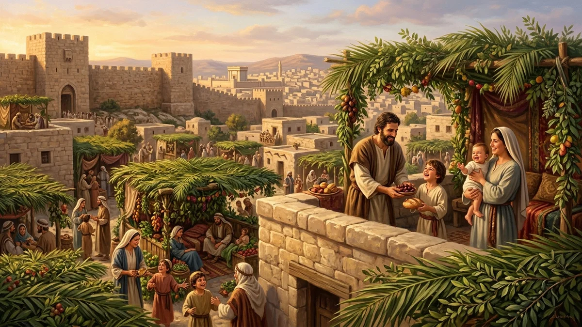 Families rejoicing under leafy booths during the Feast of Tabernacles in Jerusalem