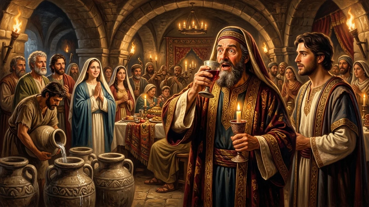 Master of the feast tasting the miraculous wine at the wedding in Cana of Galilee
