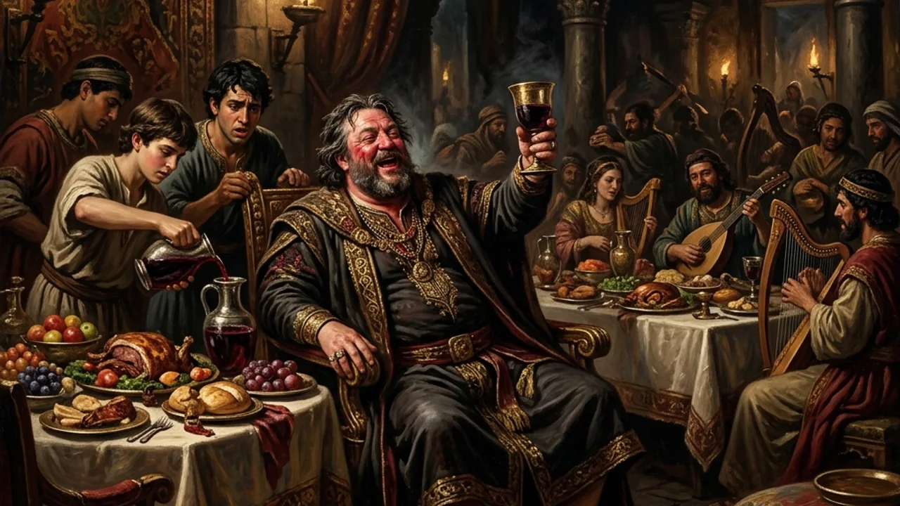 Nabal feasting lavishly like a king in his Carmel manor while Abigail prepares provisions