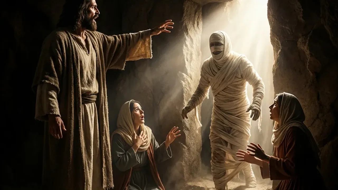 The Apostle Peter raising Dorcas as weeping widows rejoice in the upper room in Joppa