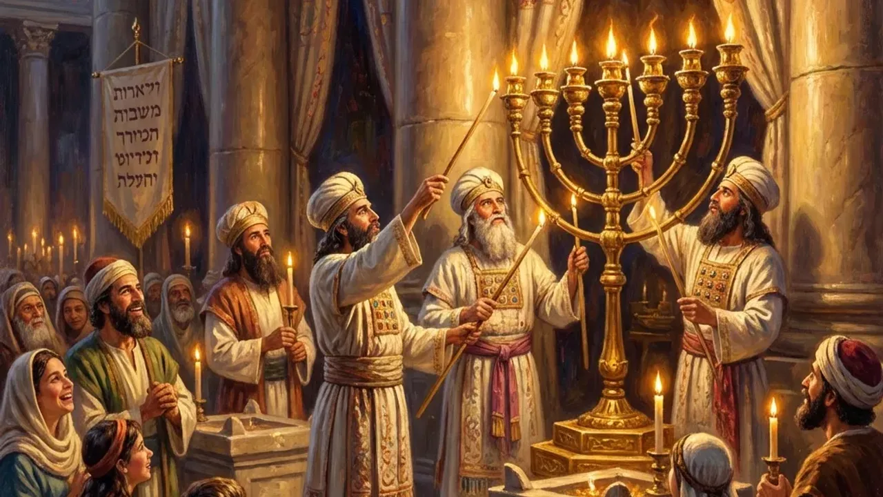 Elderly Elizabeth with Zacharias beside the incense altar in the quiet hill country of Judea