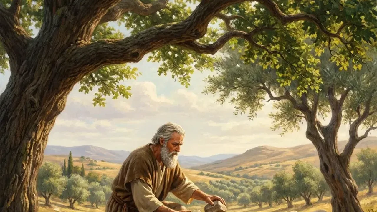 Hagar sitting beside a desert spring under a broom bush as the Angel of the Lord appears