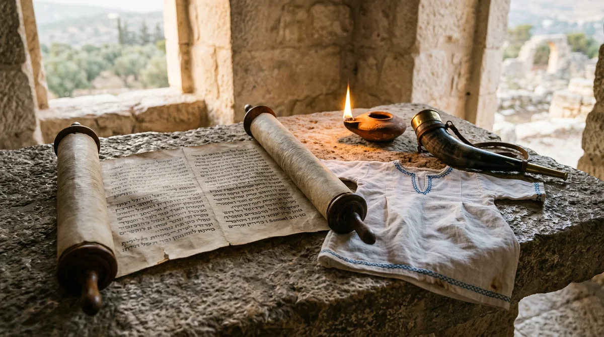 Hebrew scroll of 1 Samuel 2 with boy's linen tunic and horn of oil on ancient stone altar