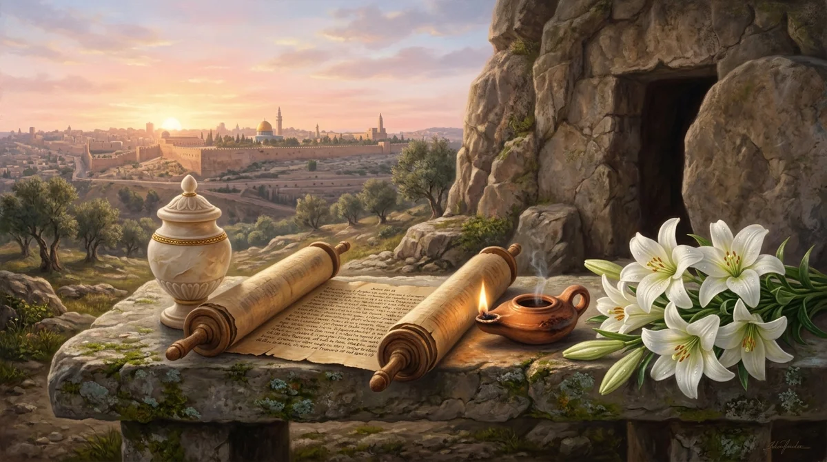 Alabaster jar of ointment and John 20 Greek papyrus scroll outside empty tomb at sunrise