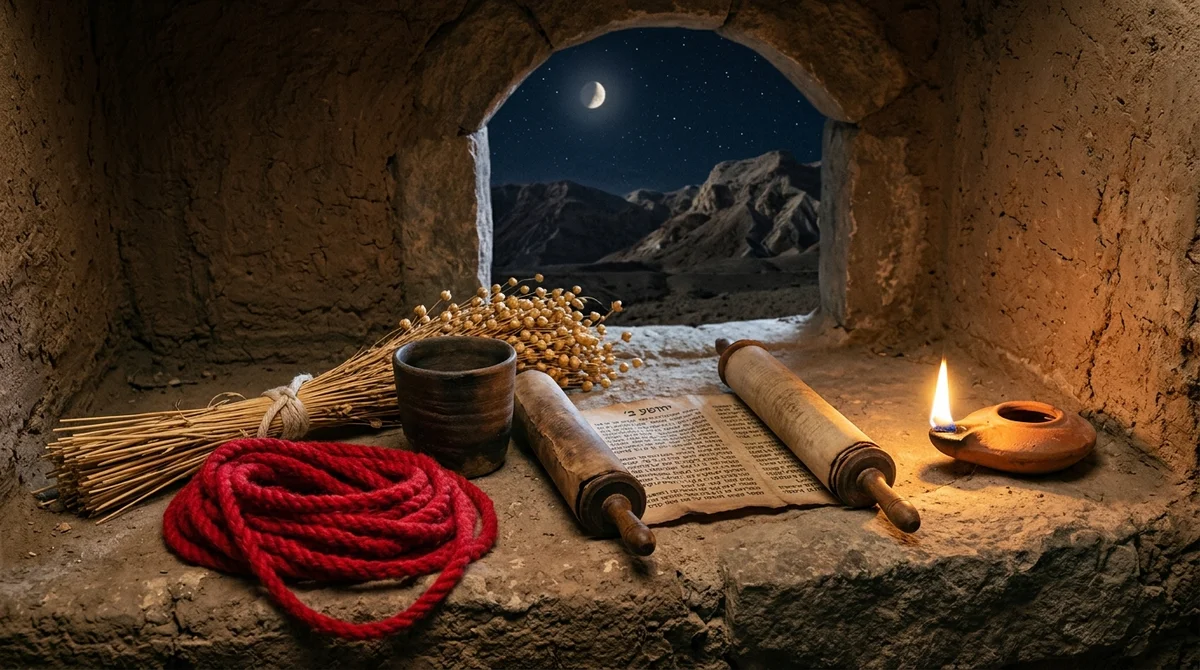 Coiled crimson scarlet cord and ancient Hebrew scroll of Joshua 2 on mudbrick window ledge overlooking Jericho