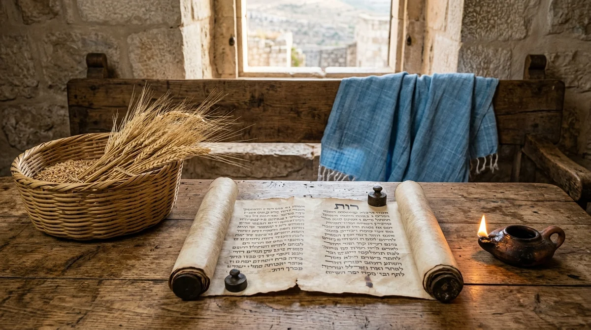 Scholarly still life of ancient Hebrew scroll of Ruth on olive wood table with basket of golden barley