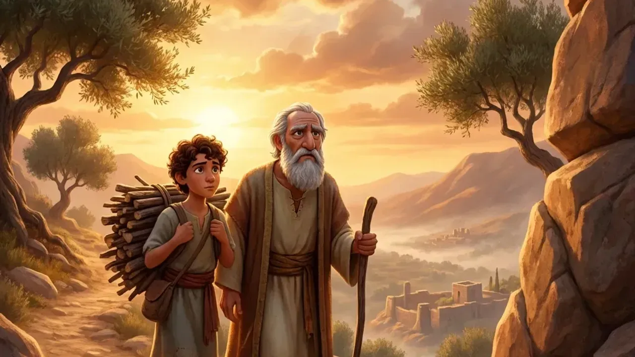 Abraham and elderly Sarah rejoicing over young boy Isaac under the starry Canaanite night sky